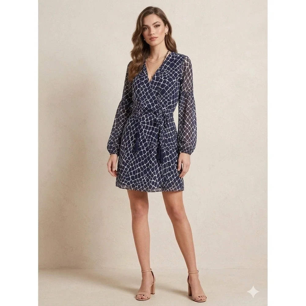 Women's Michael Kors‎ Navy White Geometric Long Sleeve Tie Wrap Dress Size S